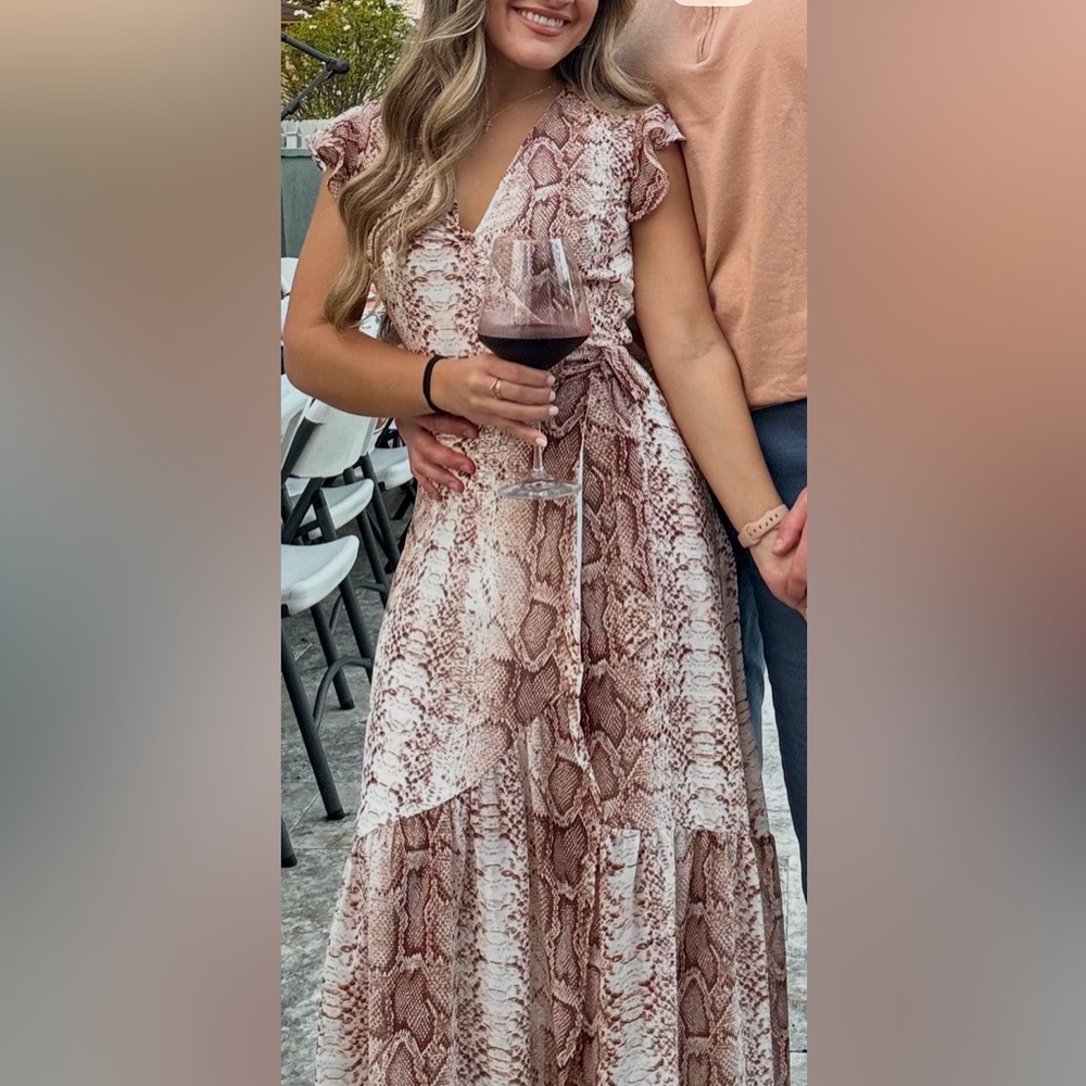 Snake Print Tie-Waist Midi Dress - Brown & Cream